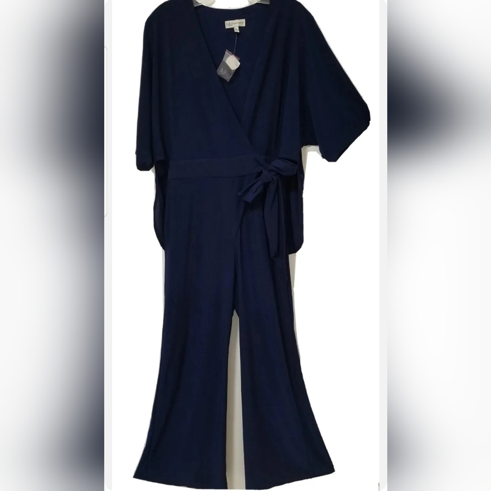 New Neiman Marcus Navy Blue Jersey Jumpsuit Wide Leg Stretch with Cape Size 8 - Picture 1 of 12